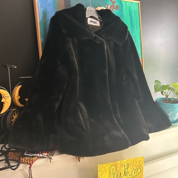 Pizazz Vintage Luxurious Black Faux Fur Pea Coat M - Picture 14 of 16